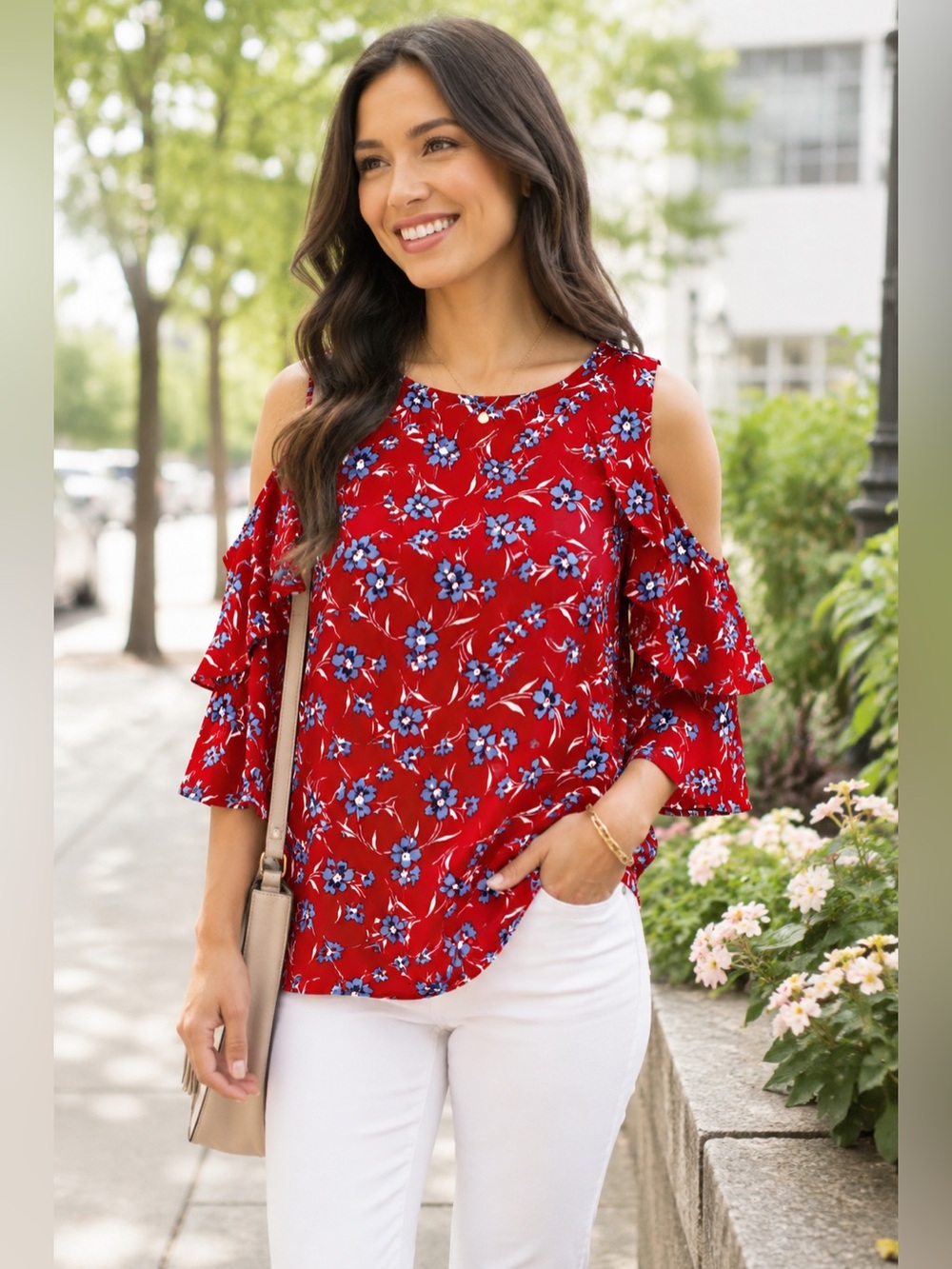 Tommy Hilfiger Red Blue Floral Cold Shoulder Ruffle Sleeve Blouse M